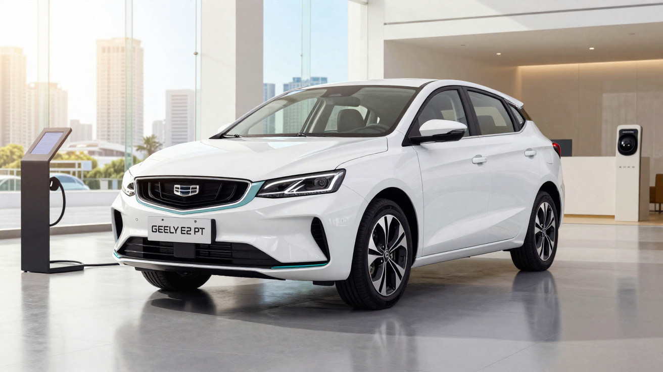 Carro elétrico branco Geely E2 PT estacionado em salão moderno com estação de recarga próxima.