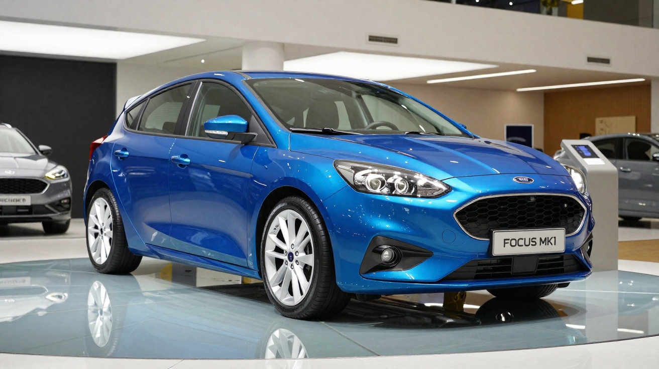 Carro hatchback azul Ford Focus MK1 exposto em salão de automóveis moderno e iluminado.
