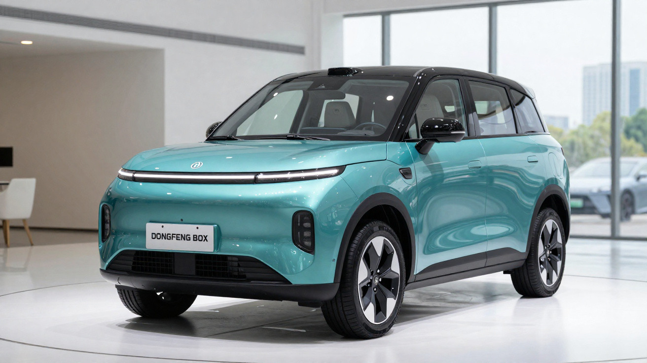 Carro elétrico Dongfeng Box azul em exposição moderna com teto preto e rodas aerodinâmicas.