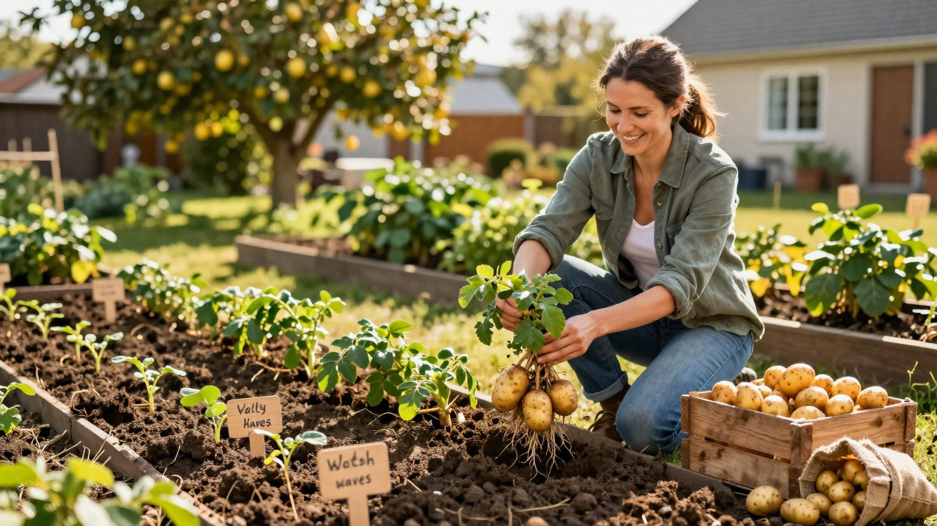 Mulher colhendo batatas em uma horta ensolarada com caixas de batatas ao lado.