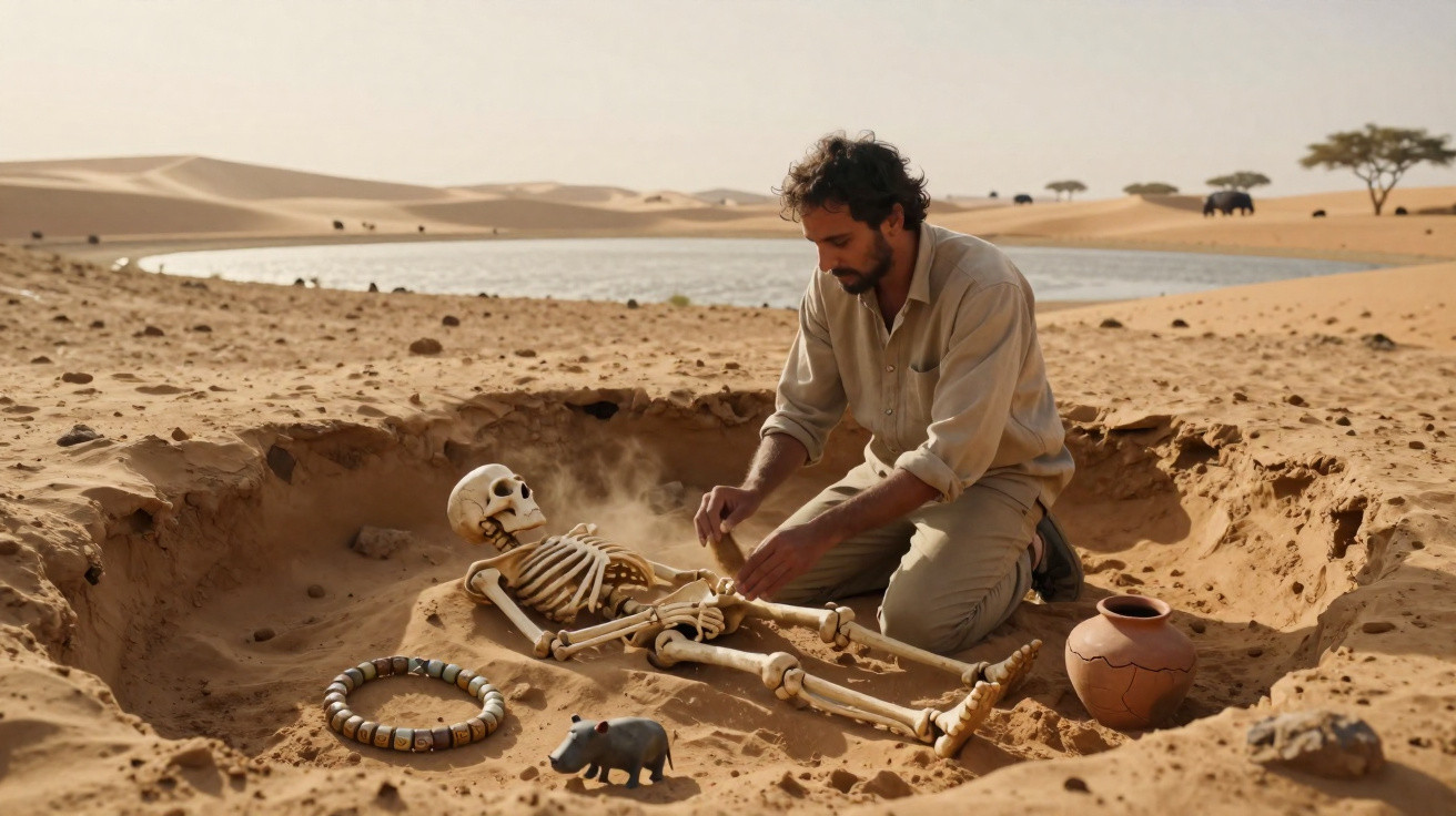 Homem escava esqueletos em vala no deserto com jarro, colar e miniatura de animal na areia.