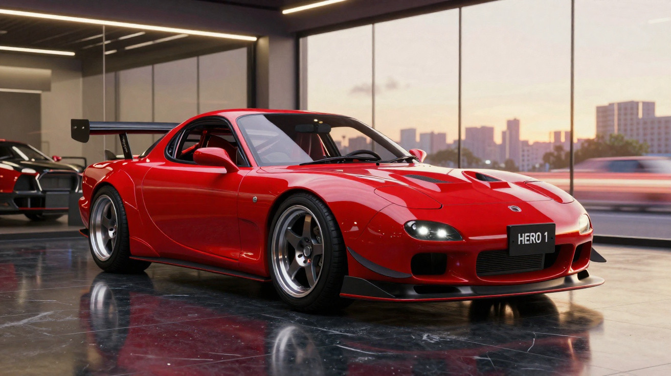Carro esportivo vermelho com aerofólio em garagem moderna com janelas grandes ao fundo.