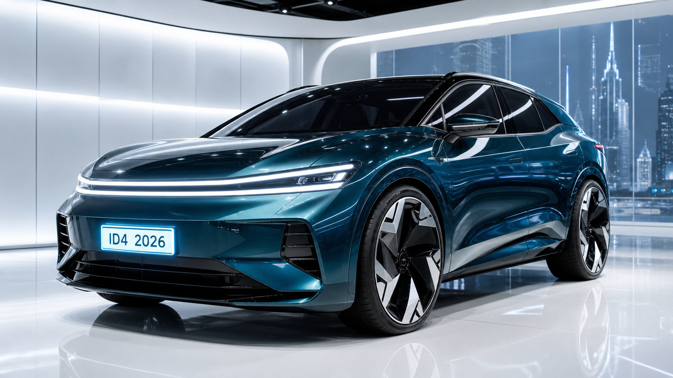 Carro elétrico moderno azul em exposição com design futurista e rodas grandes em estúdio iluminado.