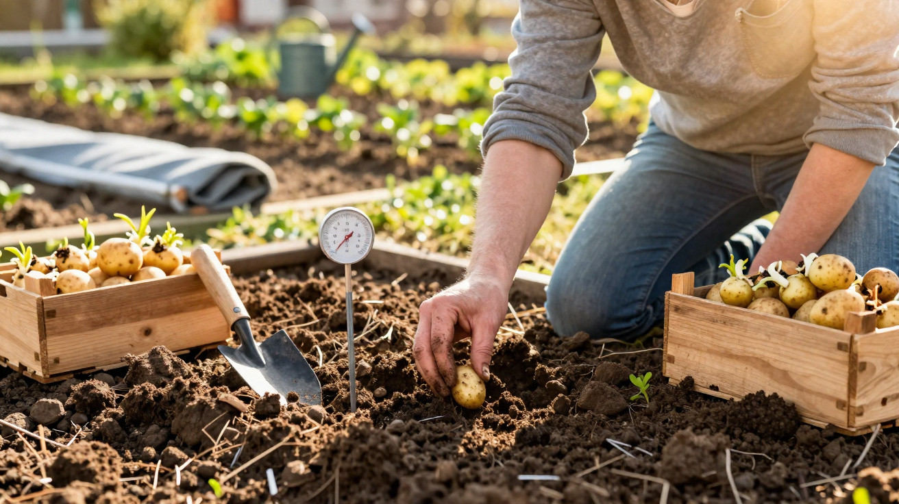 Pessoa colhendo batatas recém plantadas em terreno de horta com caixas de madeira e enxada ao lado.