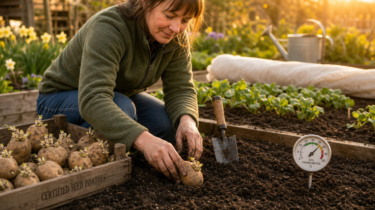 Mulher plantando batatas em canteiro de terra com termômetro de solo em ambiente de cultivo ao ar livre.