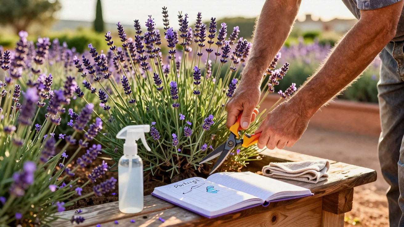 Pessoa podando flores de lavanda com tesoura, ao lado de borrifador e caderno aberto em jardim ensolarado.
