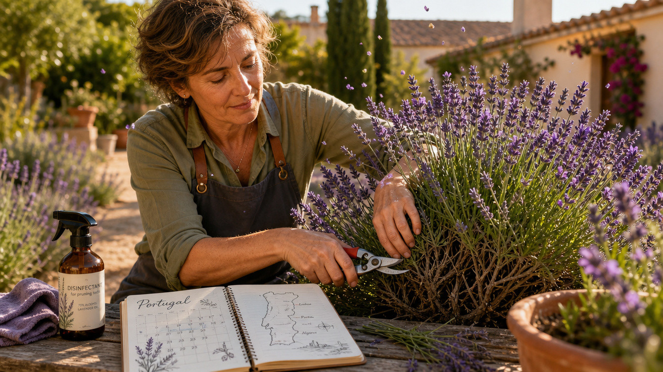 Mulher colhendo lavanda em jardim, com caderno aberto mostrando mapa de Portugal na mesa.