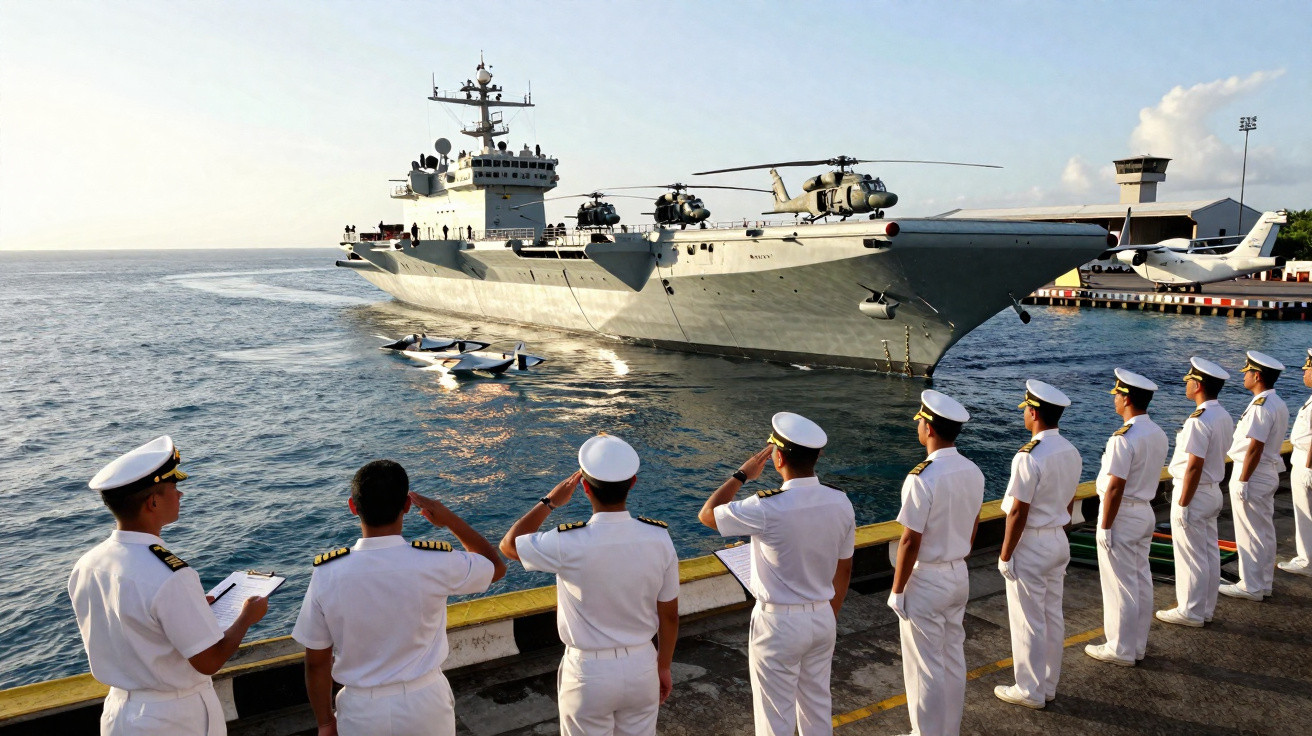 Marinheiros da marinha em formação saudando porta-aviões com helicópteros no convés próximo ao cais.
