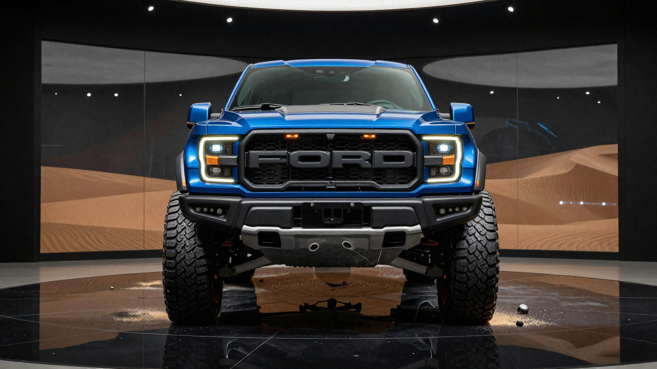 Picape Ford azul vista frontal em exposição com fundo escuro e detalhes em areia.