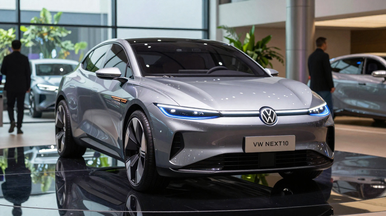 Carro elétrico prata Volkswagen VW NEXT10 em exposição dentro de salão moderno.