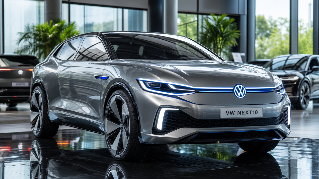 Carro elétrico Volkswagen VW NEXT10 cinza exibido em salão moderno com piso brilhante e plantas ao fundo.