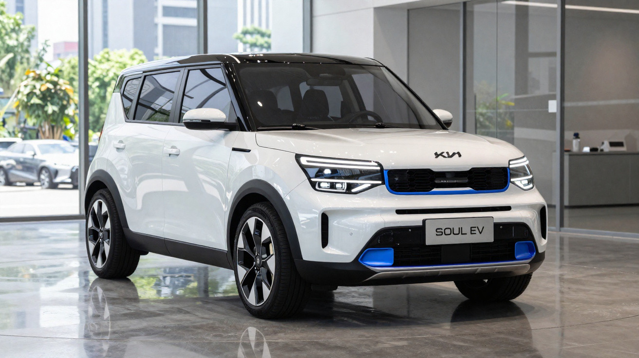 Carro elétrico branco Kia Soul EV em exposição dentro de showroom moderno.