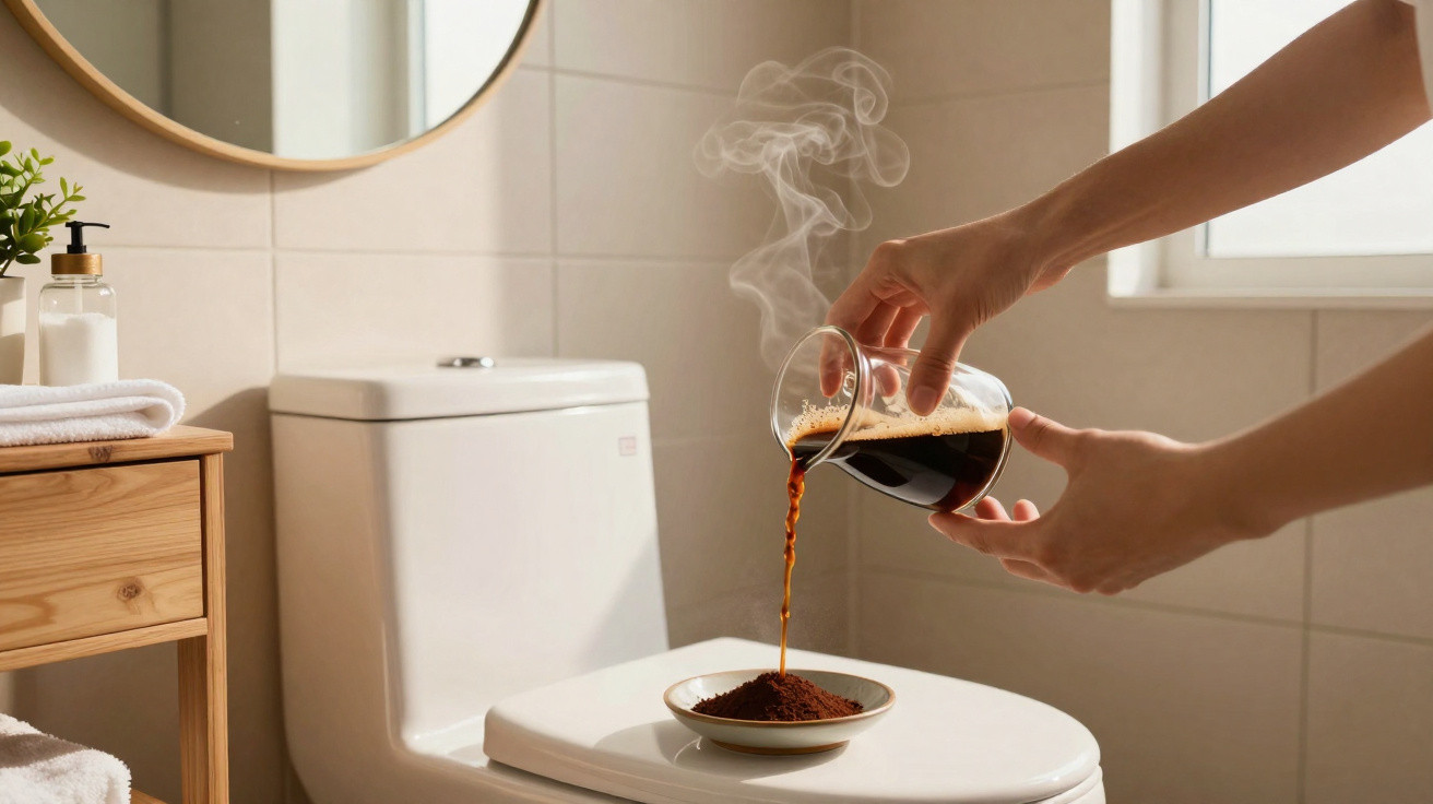 Pessoa despejando café quente sobre pó de café em prato sobre tampa de vaso sanitário em banheiro.