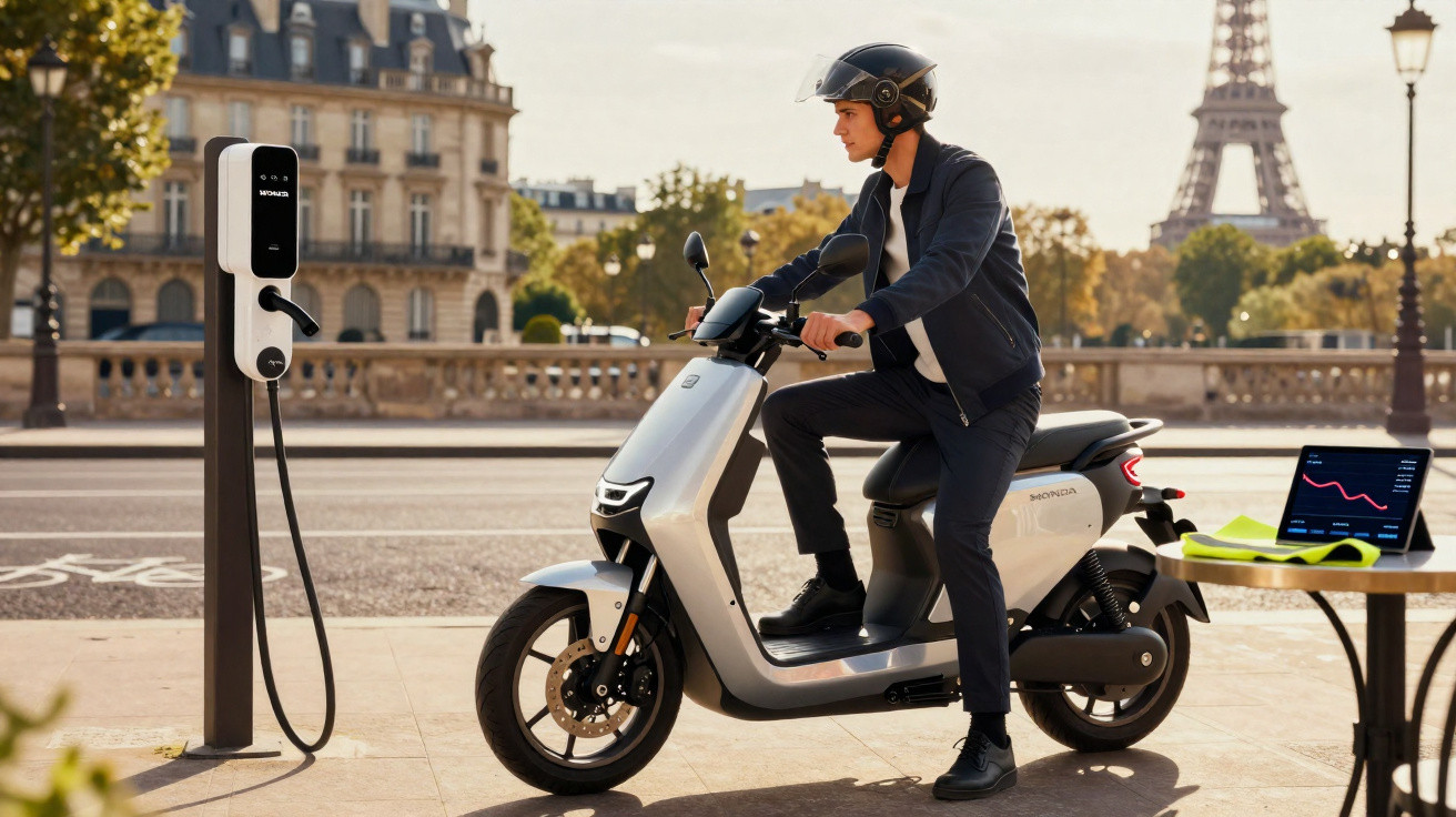 Homem usando capacete em scooter elétrica estacionada próxima a ponto de recarga em Paris.