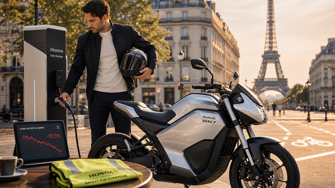 Homem carregando motocicleta elétrica Honda em estação de recarga com Torre Eiffel ao fundo em Paris.