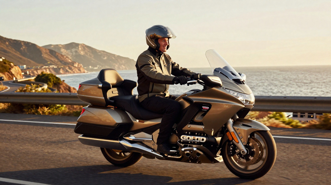 Homem com capacete pilotando motocicleta dourada em estrada costeira ao pôr do sol.