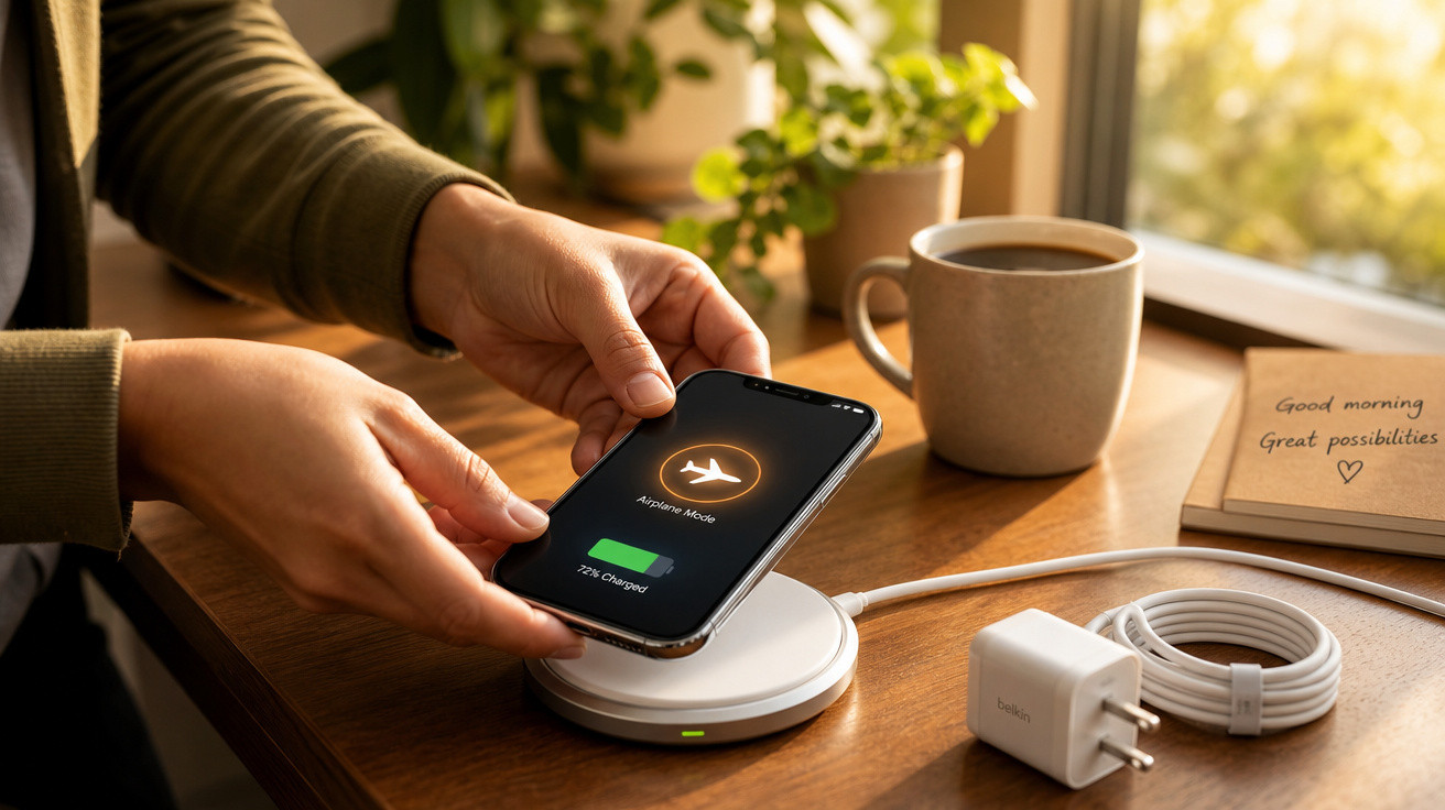Pessoa colocando smartphone em carregador wireless sobre mesa com caneca e caderno ao fundo.