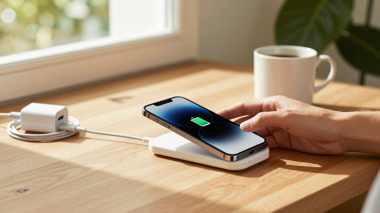Mão segurando smartphone carregando sem fio sobre suporte branco em mesa de madeira com xícara ao fundo.