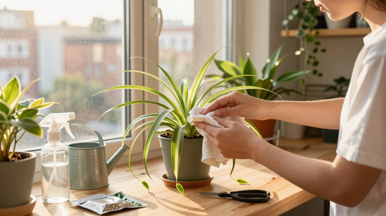 Pessoa cuidando de plantas em vaso sobre mesa perto da janela com regador e pulverizador.