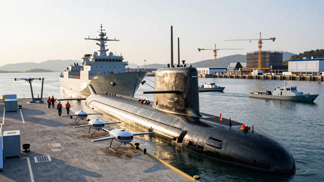 Submarino e navio militar atracados em cais com pessoas caminhando ao lado durante o dia.
