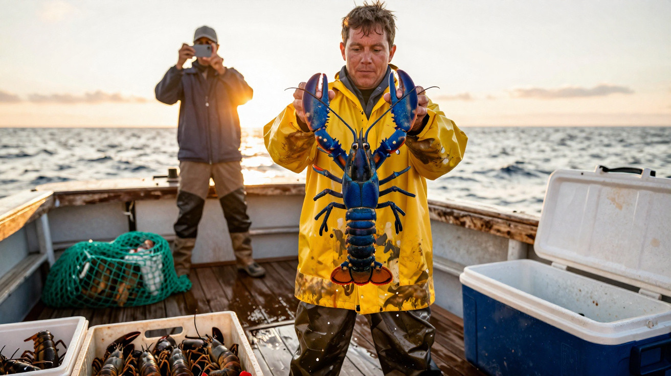 Pescador em barco segurando lagosta azul grande com outra pessoa ao fundo tirando foto no mar ao pôr do sol.