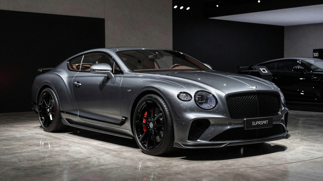 Carro esportivo Bentley cinza metálico com rodas pretas em exposição interna com iluminação focada.