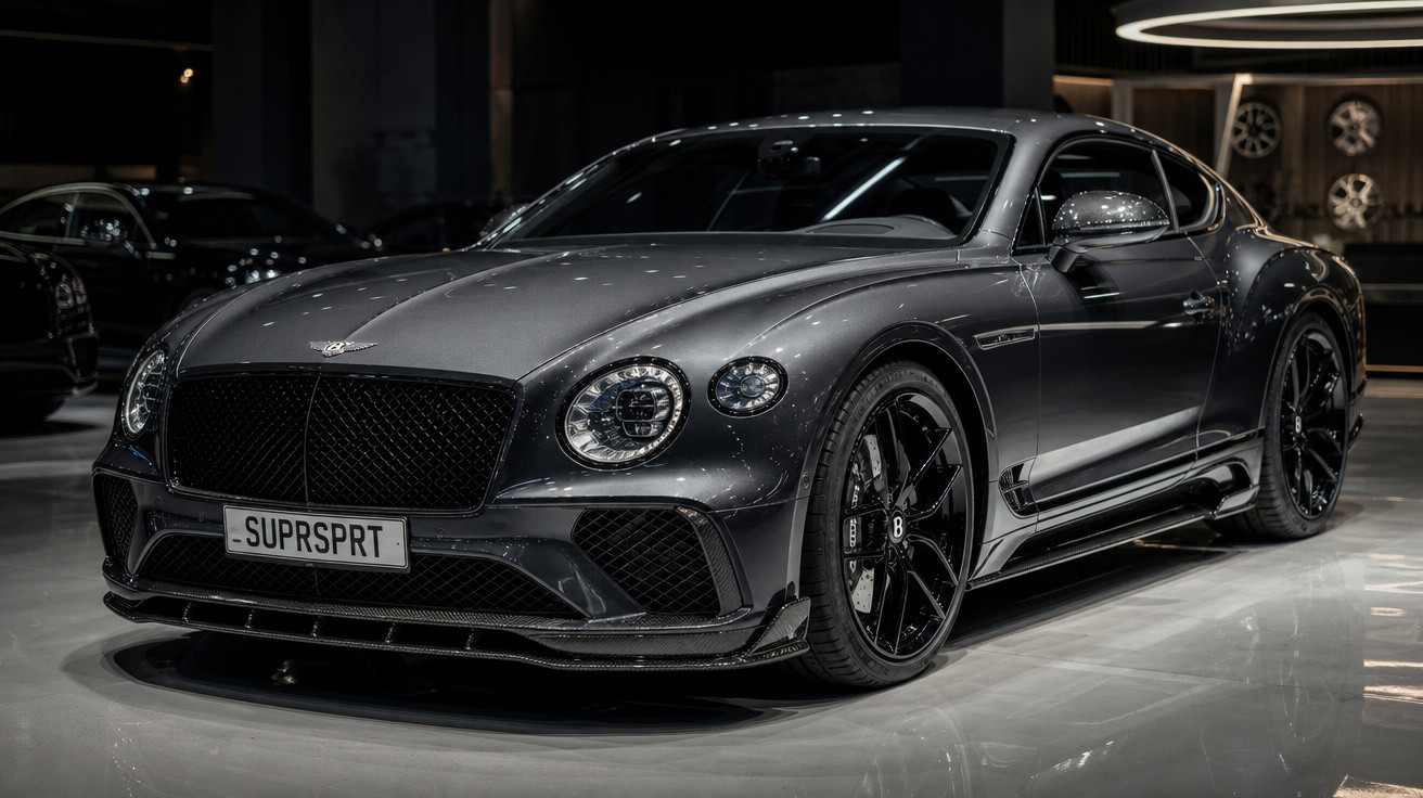 Bentley Continental GT cinza escuro com rodas pretas em sala de exposição iluminada.