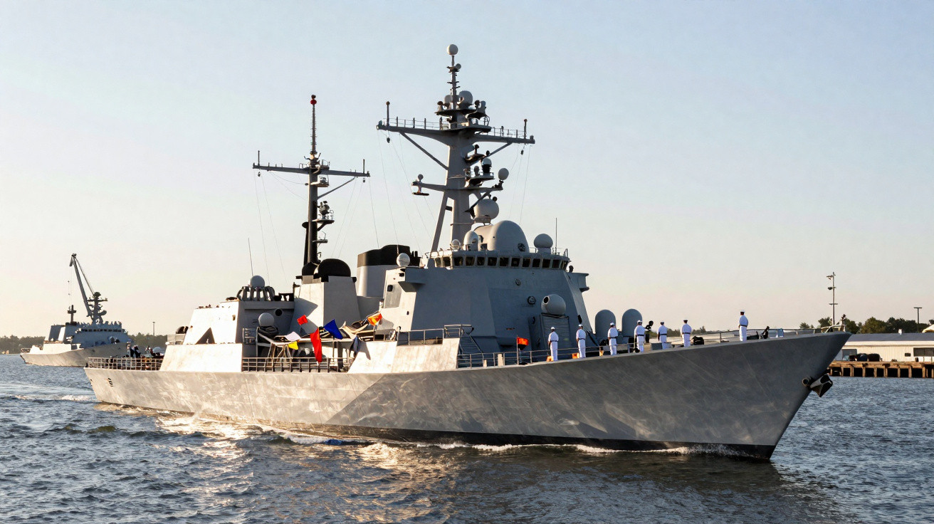 Navio de guerra cinza navegando com tripulação em uniforme branco no convés ao entardecer.
