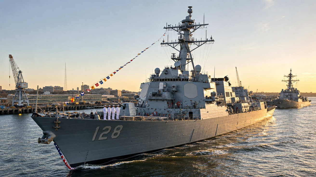 Destroyer naval cinza com o número 128 navegando ao pôr do sol com tripulação em formação no convés.