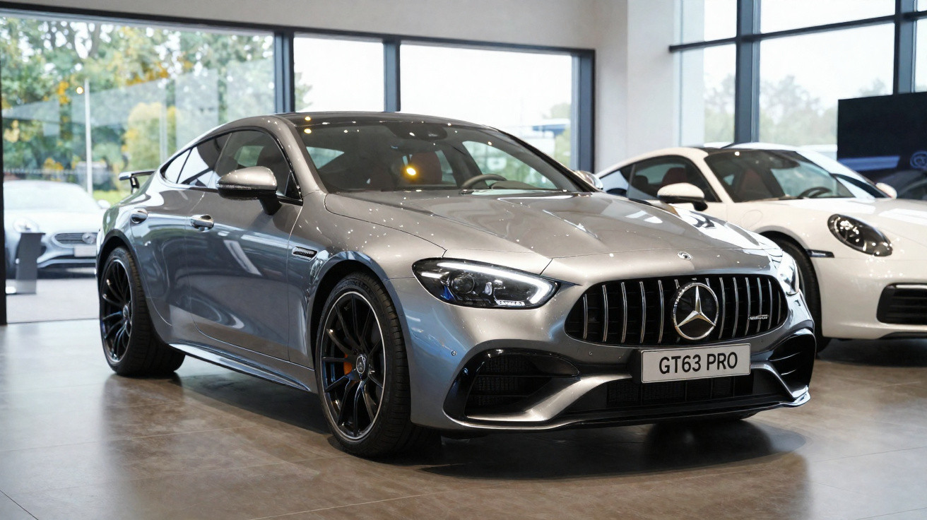 Carro esportivo Mercedes-Benz GT63 PRO cinza em showroom moderno com piso de porcelanato e grandes janelas.