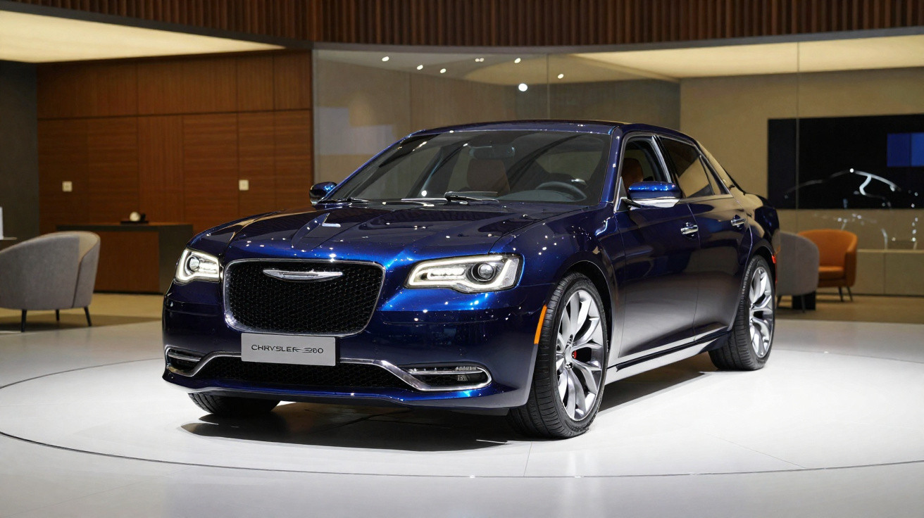 Carro sedan azul escuro Chrysler 300 em exposição sobre plataforma circular iluminada.