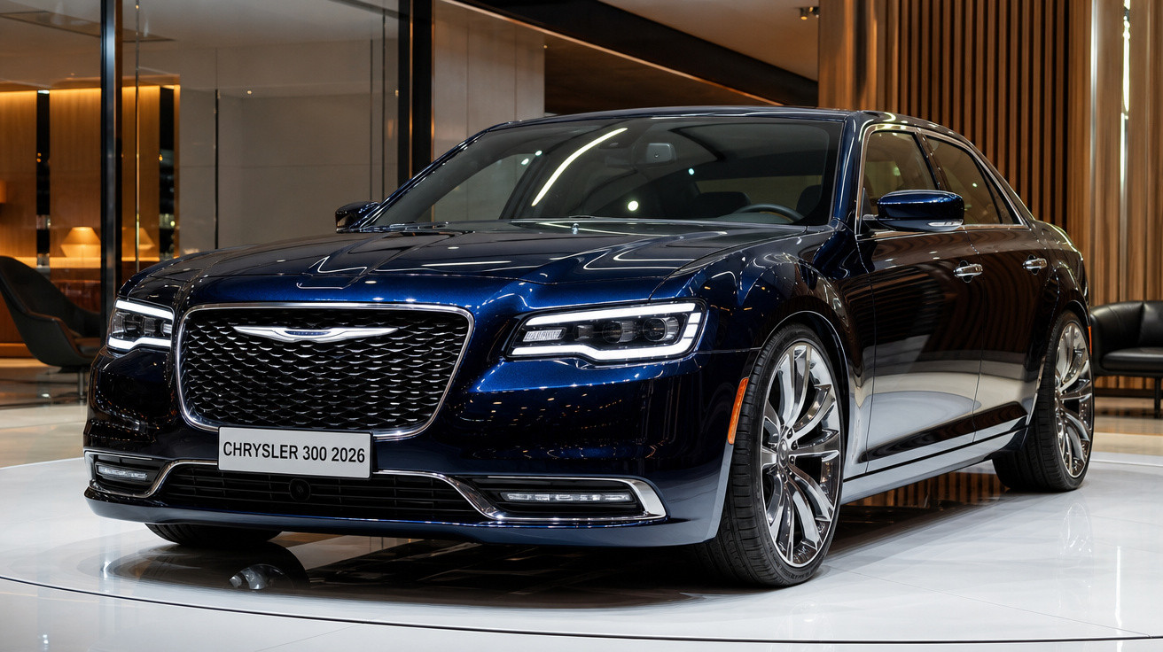 Carro Chrysler 300 2026 azul escuro exibido em ambiente interno moderno e iluminado.