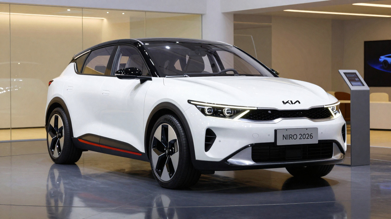 Carro elétrico branco Kia Niro 2026 em exposição, com design moderno e teto preto.