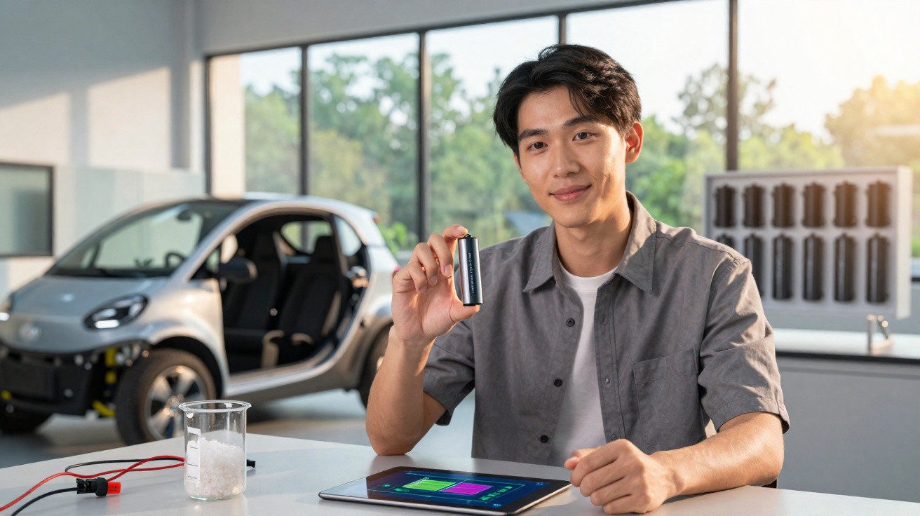 Homem mostra bateria ao lado de carro elétrico e tablet em ambiente moderno de laboratório.