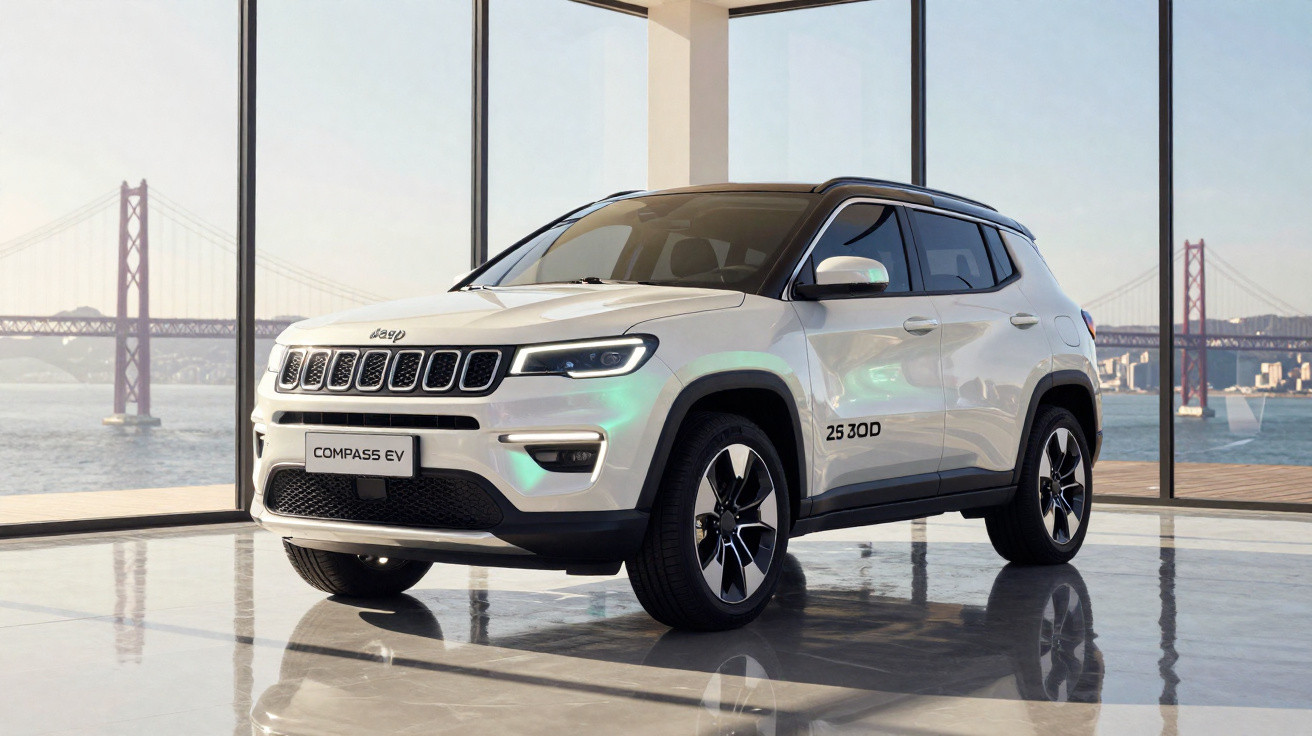 Carro Jeep Compass EV branco exibido em sala com vidro, vista para ponte e rio ao fundo.
