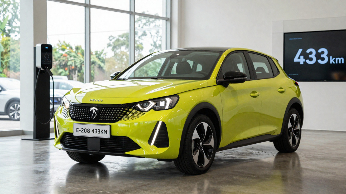 Carro elétrico Peugeot amarelo vibrante estacionado em showroom com painel mostrando autonomia de 433 km.