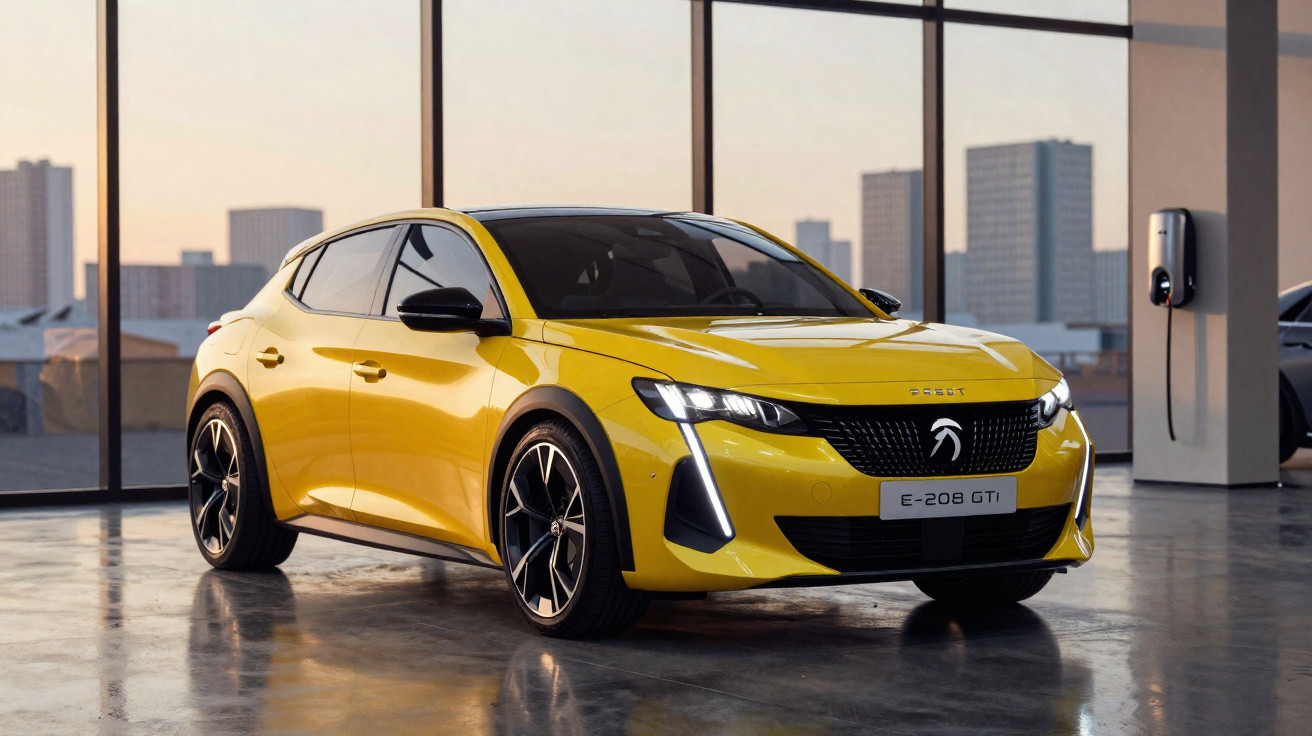 Carro compacto esportivo amarelo Peugeot E-208 GTI em showroom com janelas amplas e vista urbana ao fundo.