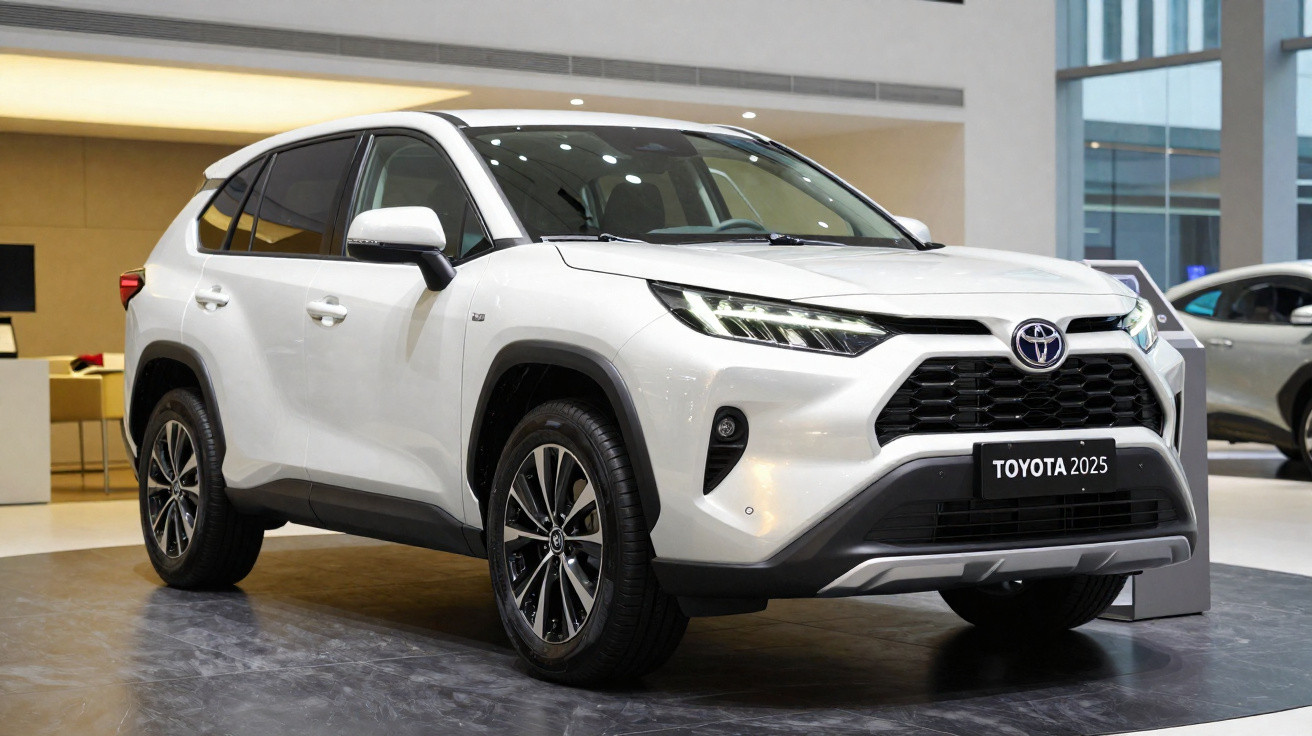 SUV Toyota branco modelo 2025 exposto em ambiente interno moderno e iluminado.