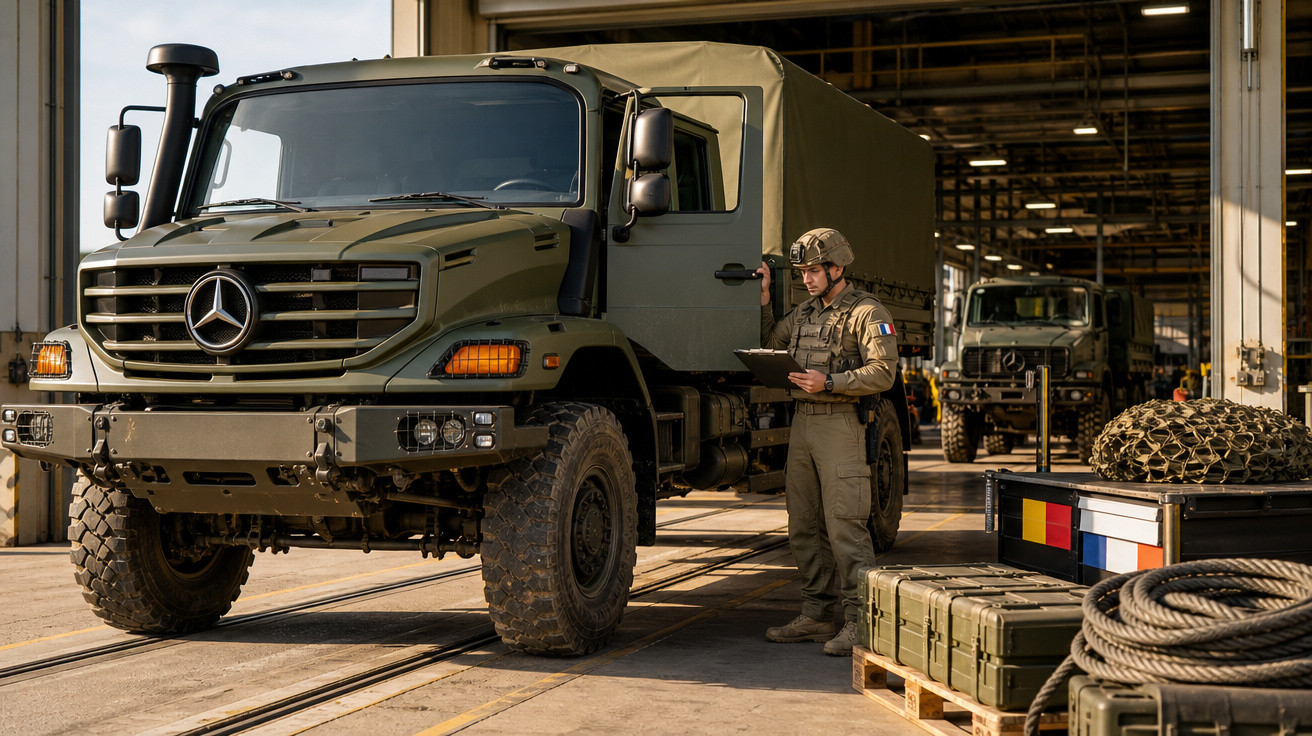 Soldado militar inspecionando caminhão leve militar Mercedes-Benz em garagem com equipamentos ao redor.