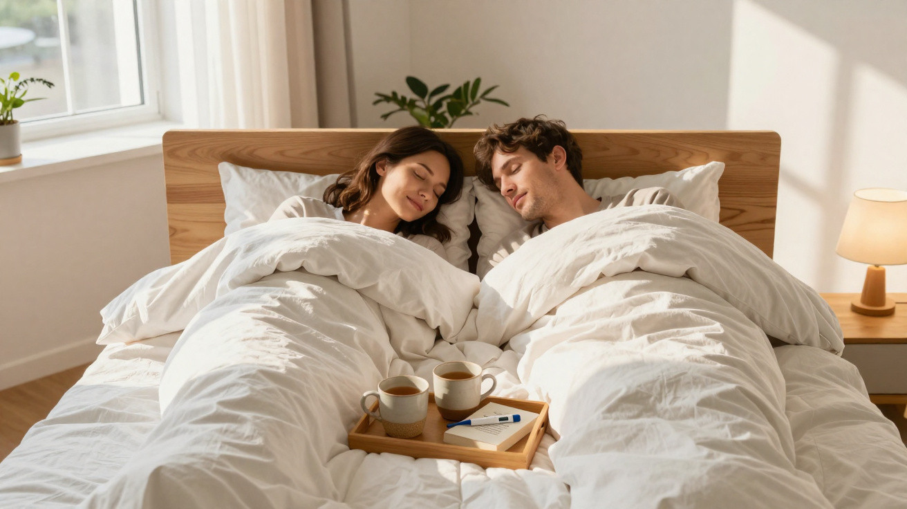 Casal deitado na cama, coberto por edredons brancos, com duas xícaras e um teste de gravidez em uma bandeja.