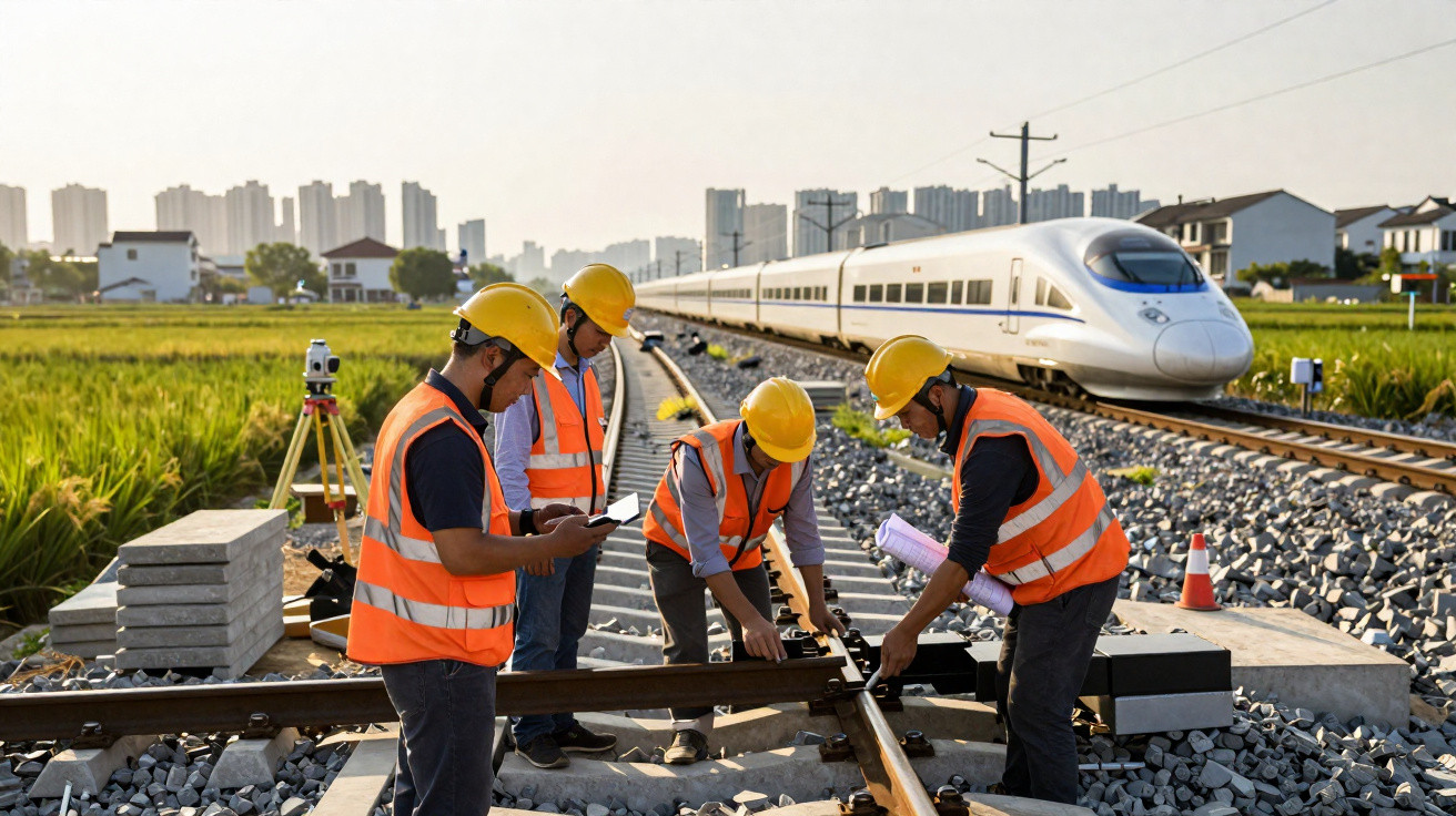 Quatro trabalhadores com coletes e capacetes amarelos inspecionam trilhos ferroviários próximos a trem de alta velocidade.