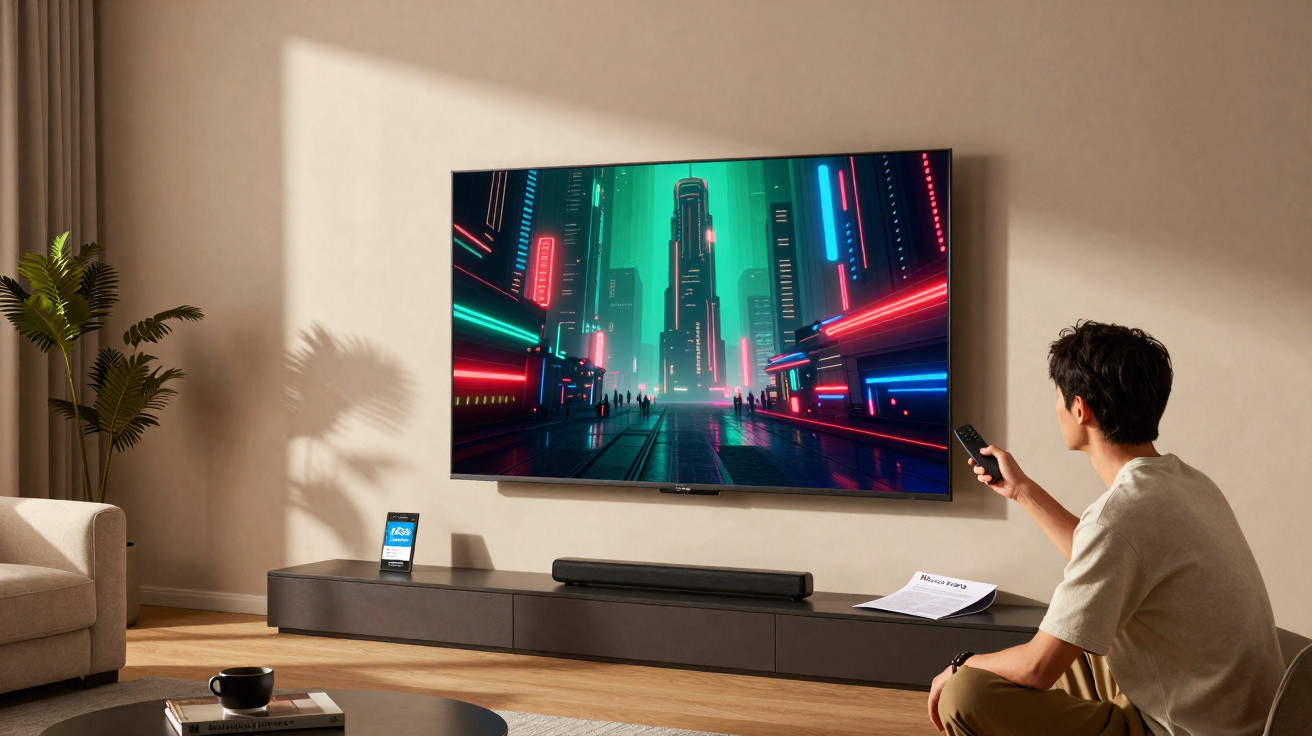 Homem sentado no chão controla TV com cena futurista, sala decorada com planta e sofá.