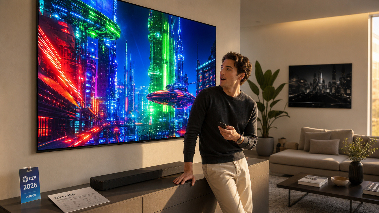 Homem com controle remoto observa TV grande exibindo cidade futurista colorida em sala moderna.