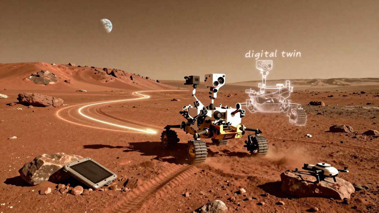 Rover explorando terreno marciano com iluminação de trilha e holograma digital Twin ao fundo.
