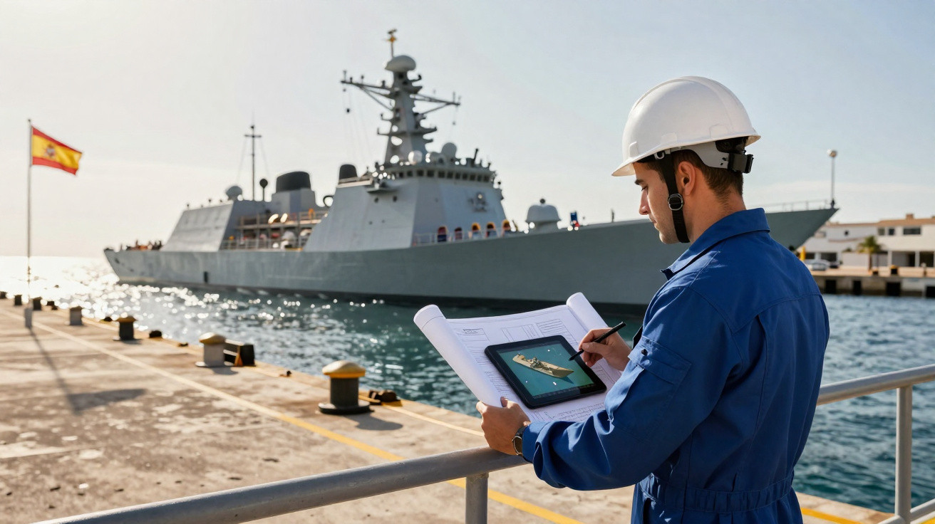 Engenheiro naval inspeciona planta digital e desenhos técnicos de navio militar atracado em porto.