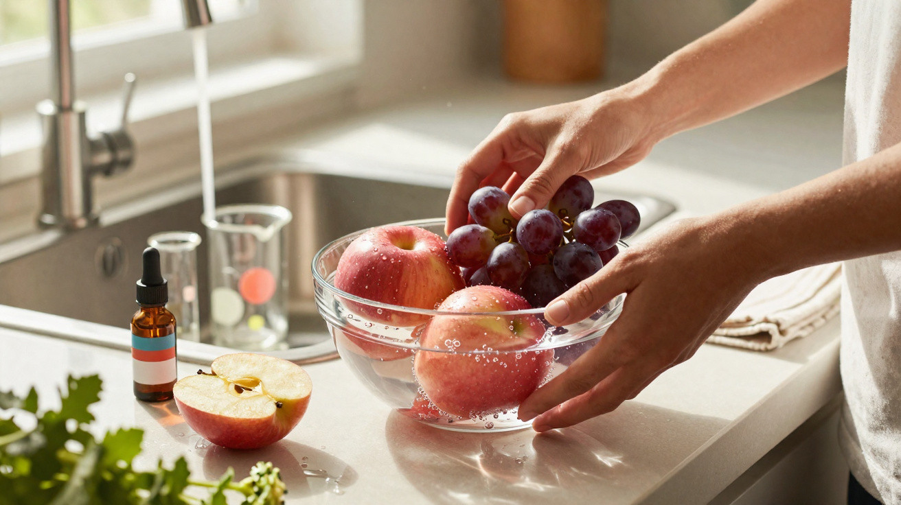 Pessoa lavando maçãs e uvas em uma tigela com água sobre a pia da cozinha.