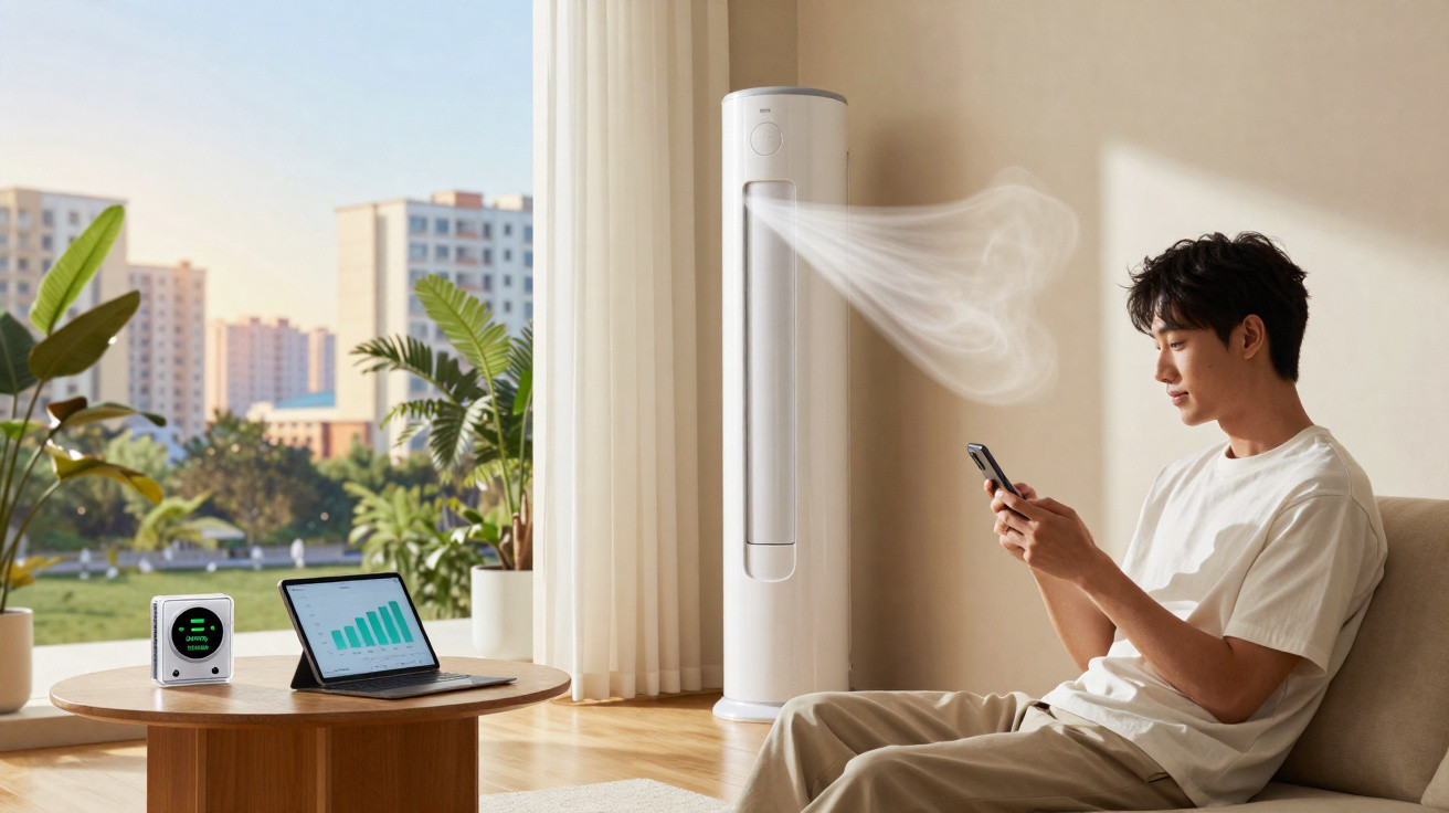 Homem sentado em sala iluminada, usando celular, com ar-condicionado vertical ligado ao fundo.