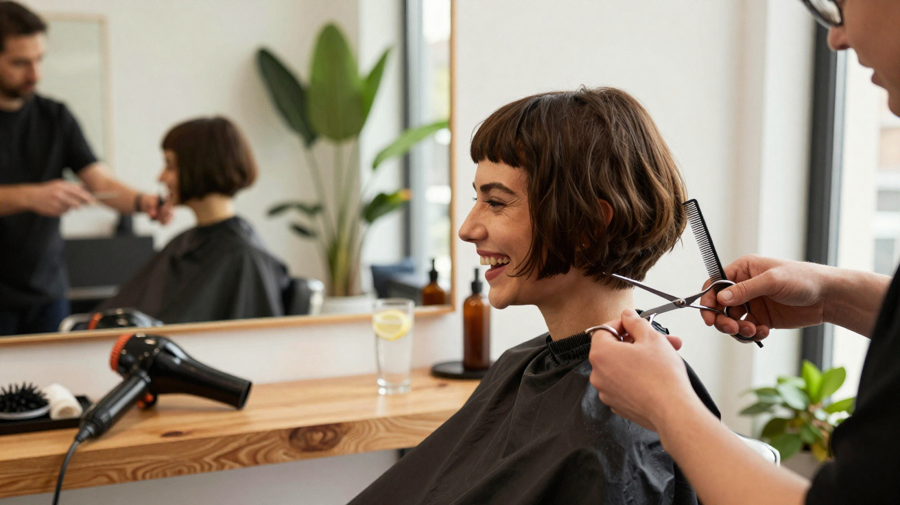 Mulher sorrindo enquanto corta cabelo curto em salão de beleza com espelho e secador ao fundo.
