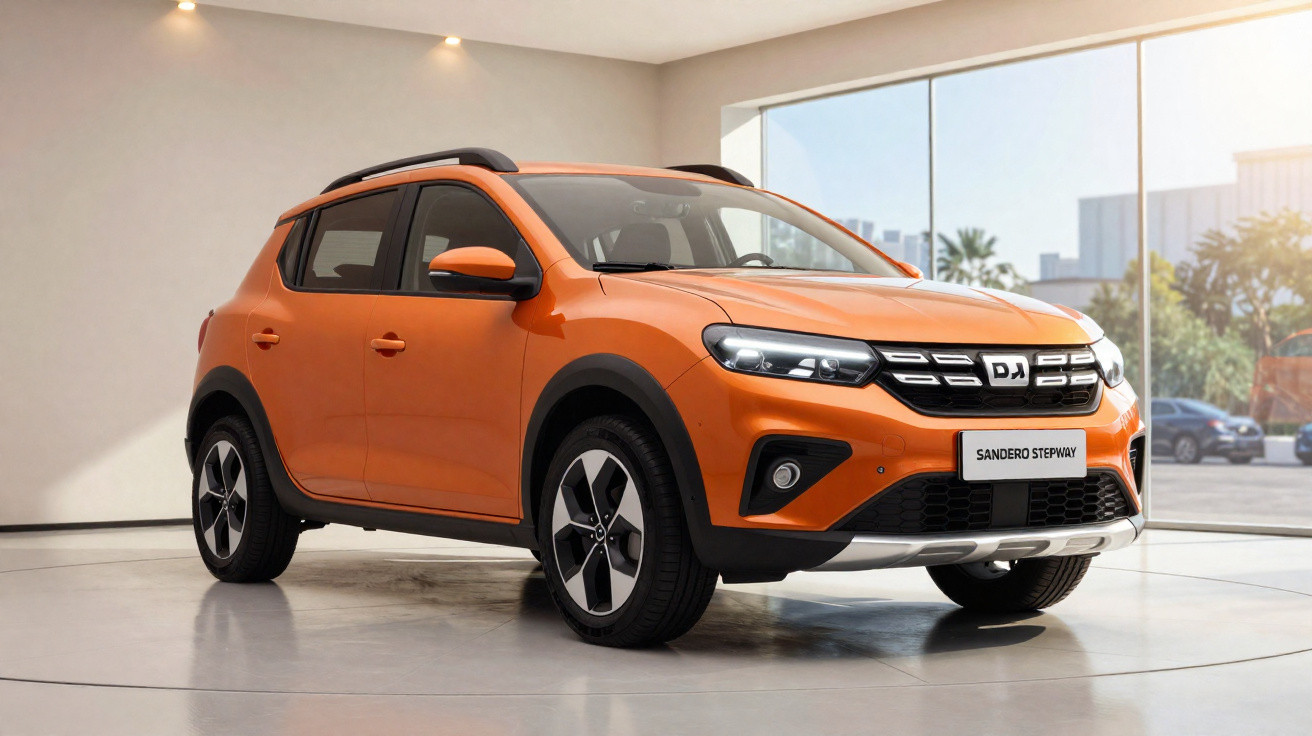 Carro SUV compacto laranja Renault Sandero Stepway em exposição interna com luz natural.
