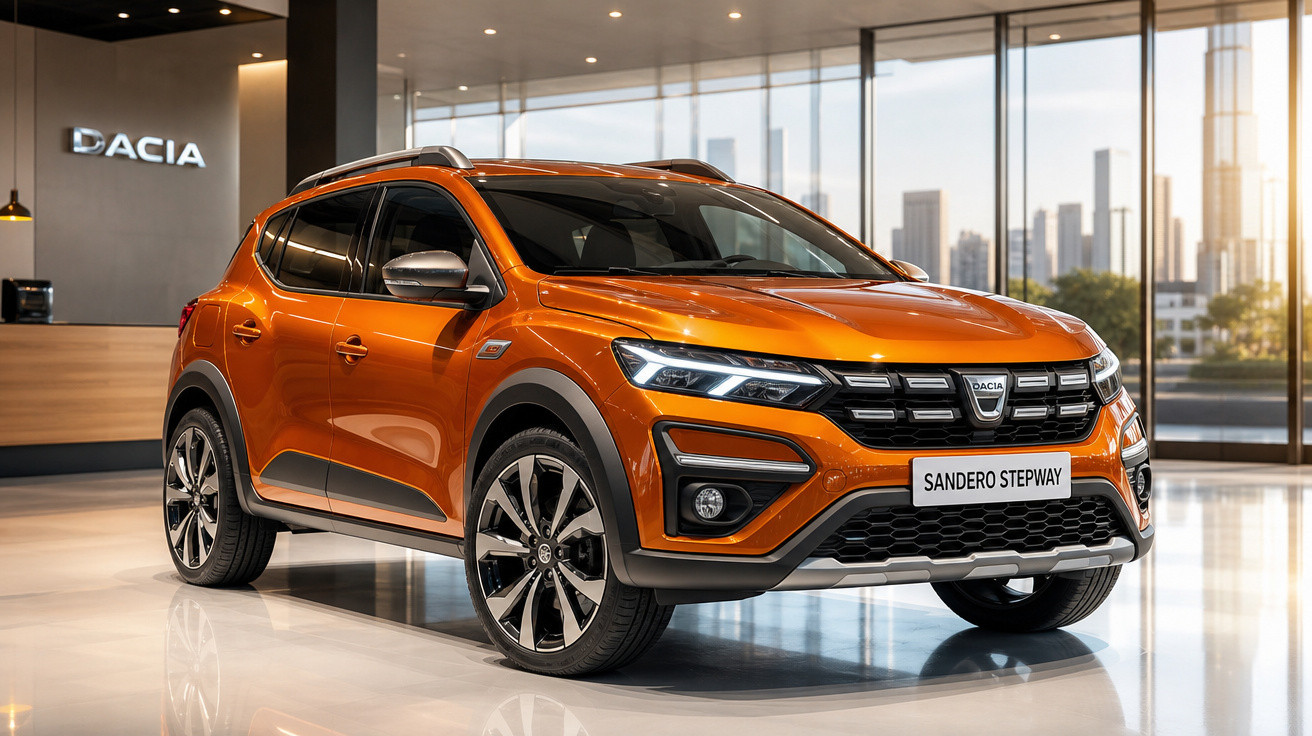 Carro Dacia Sandero Stepway laranja em showroom moderno com janelas grandes e vista urbana ao fundo.
